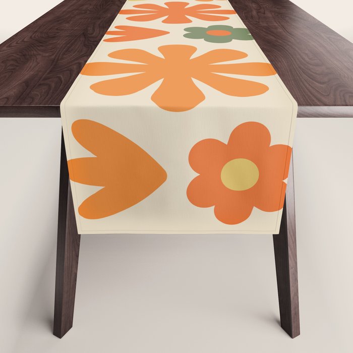 Retro Flowers Scandi Floral Grid Pattern in Mossy Olive Green Orange Mustard Table Runner Gallery Image 1