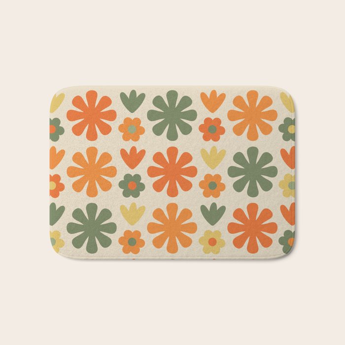 Retro Flowers Scandi Floral Grid Pattern in Mossy Olive Green Orange Mustard Bath Mat Gallery Image 1