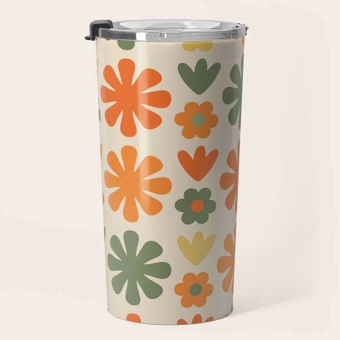 Retro Flowers Scandi Floral Grid Pattern in Mossy Olive Green Orange Mustard Travel Mug Gallery Image 3