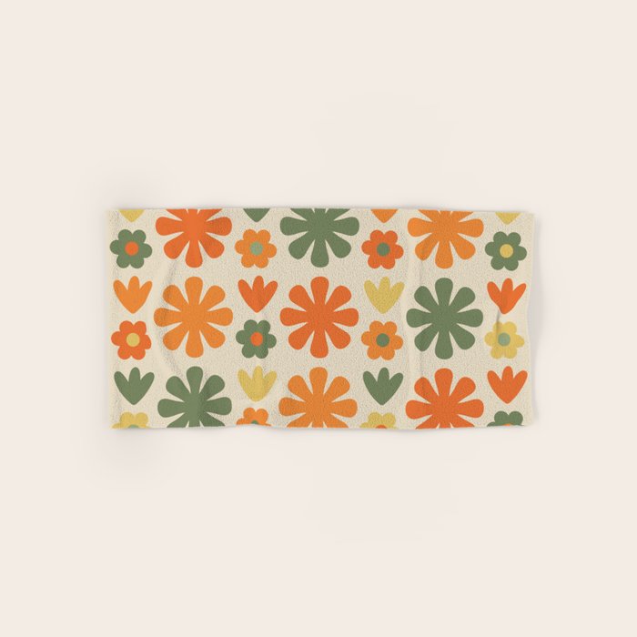 Retro Flowers Scandi Floral Grid Pattern in Mossy Olive Green Orange Mustard Bath Towel Gallery Image 1