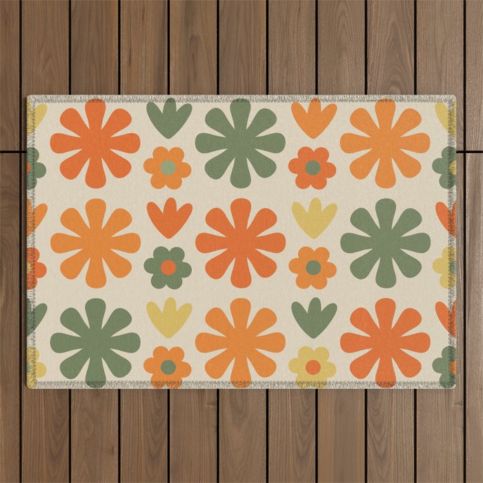 Retro Flowers Scandi Floral Grid Pattern in Mossy Olive Green Orange Mustard Outdoor Rug Gallery Image 1