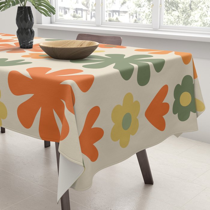 Retro Flowers Scandi Floral Grid Pattern in Mossy Olive Green Orange Mustard Tablecloth Gallery Image 3