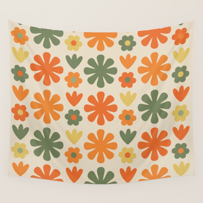 Retro Flowers Scandi Floral Grid Pattern in Mossy Olive Green Orange Mustard Wall Tapestry Gallery Image 1