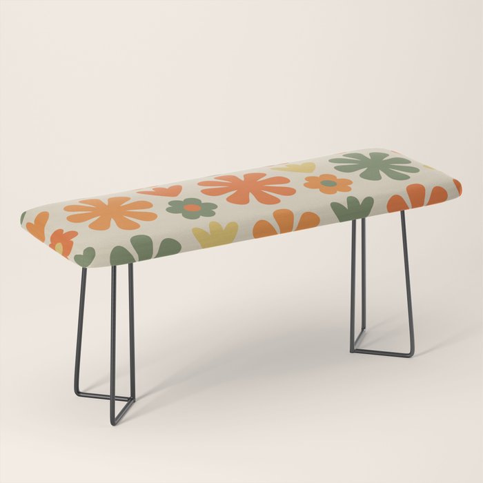 Retro Flowers Scandi Floral Grid Pattern in Mossy Olive Green Orange Mustard Bench Gallery Image 1