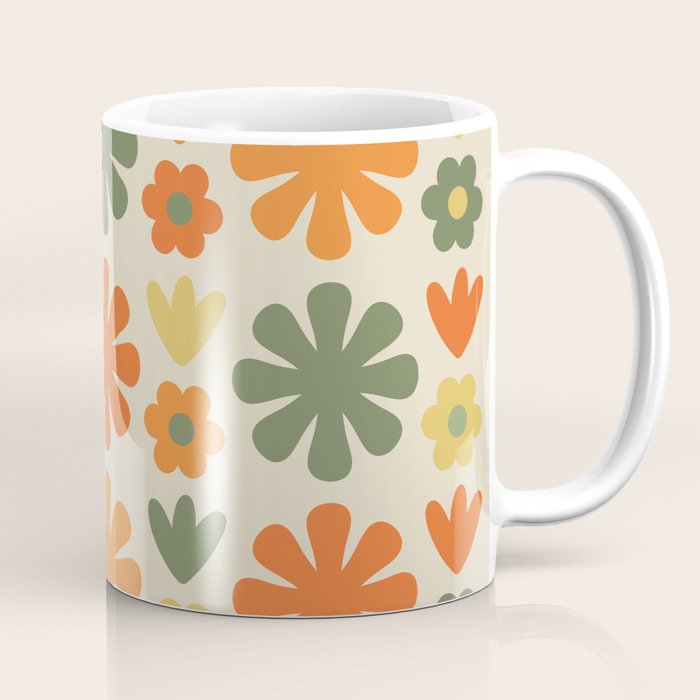 Retro Flowers Scandi Floral Grid Pattern in Mossy Olive Green Orange Mustard Coffee Mug Gallery Image 1