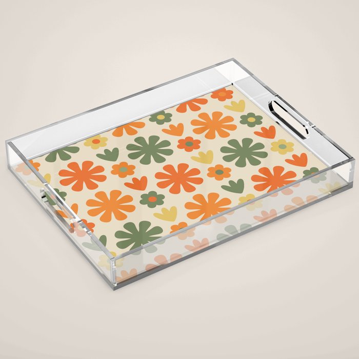 Retro Flowers Scandi Floral Grid Pattern in Mossy Olive Green Orange Mustard Acrylic Tray Gallery Image 1