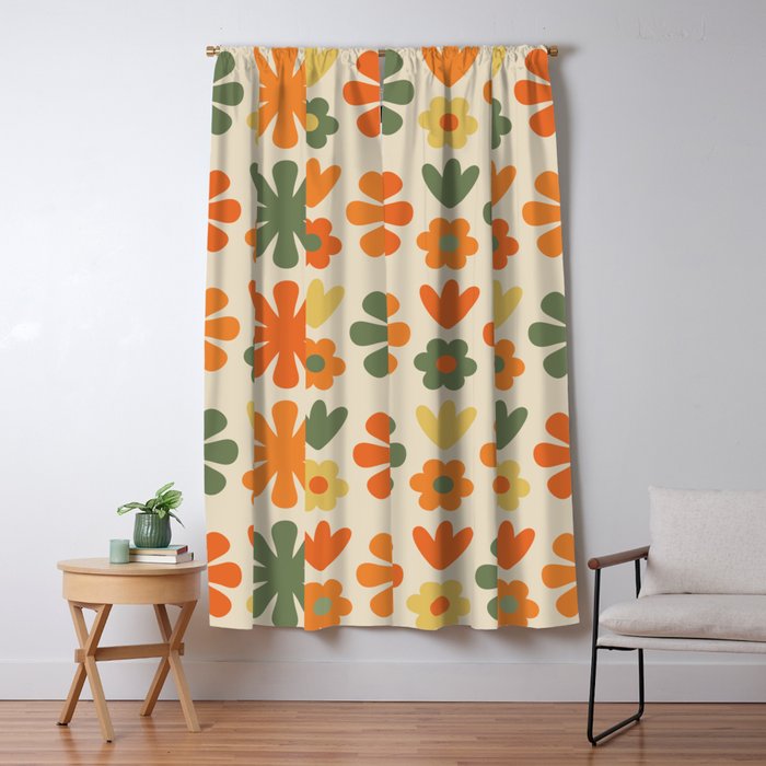 Retro Flowers Scandi Floral Grid Pattern in Mossy Olive Green Orange Mustard Window Curtain Gallery Image 1