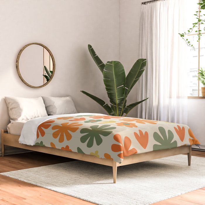 Retro Flowers Scandi Floral Grid Pattern in Mossy Olive Green Orange Mustard Comforter Gallery Image 2
