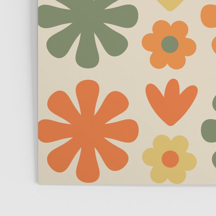 Retro Flowers Scandi Floral Grid Pattern in Mossy Olive Green Orange Mustard Poster Gallery Image 3