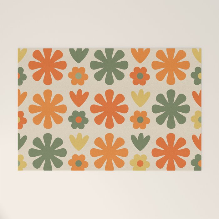 Retro Flowers Scandi Floral Grid Pattern in Mossy Olive Green Orange Mustard Welcome Mat Gallery Image 1