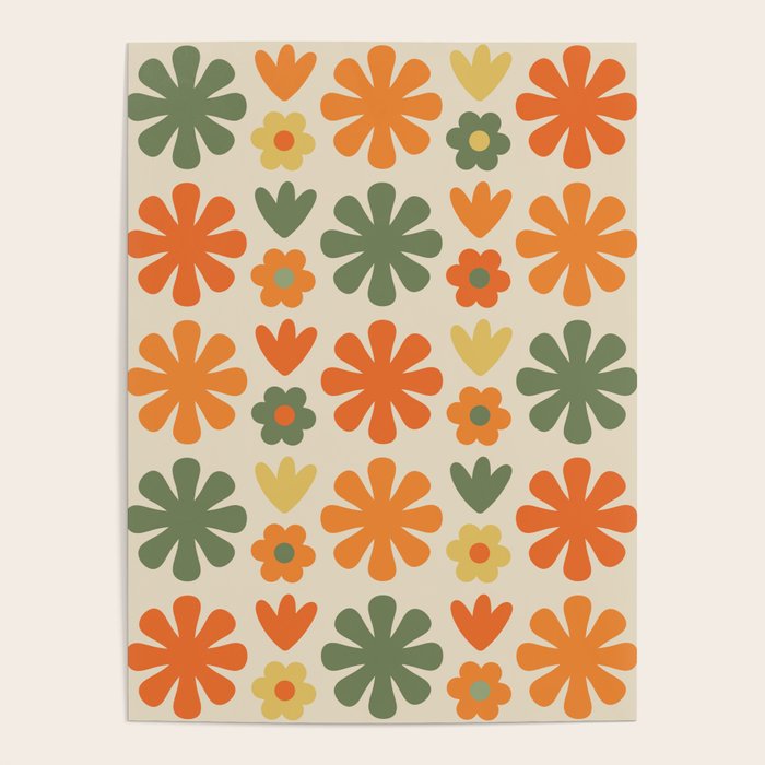 Retro Flowers Scandi Floral Grid Pattern in Mossy Olive Green Orange Mustard Poster Gallery Image 4