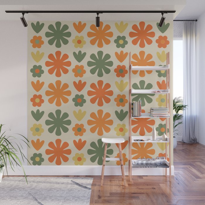 Retro Flowers Scandi Floral Grid Pattern in Mossy Olive Green Orange Mustard Wall Mural Gallery Image 1