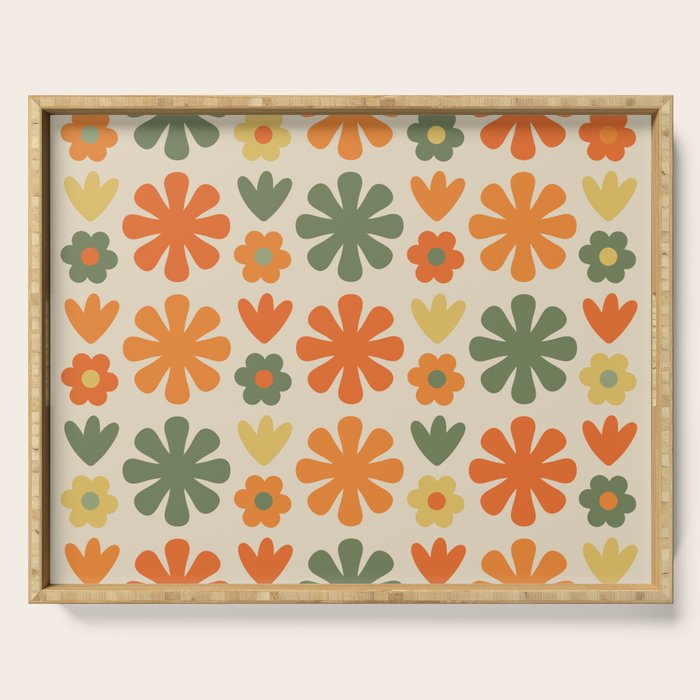 Retro Flowers Scandi Floral Grid Pattern in Mossy Olive Green Orange Mustard Serving Tray Gallery Image 1