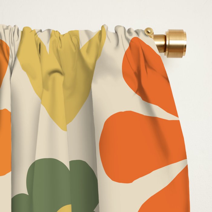 Retro Flowers Scandi Floral Grid Pattern in Mossy Olive Green Orange Mustard Window Curtain Gallery Image 2