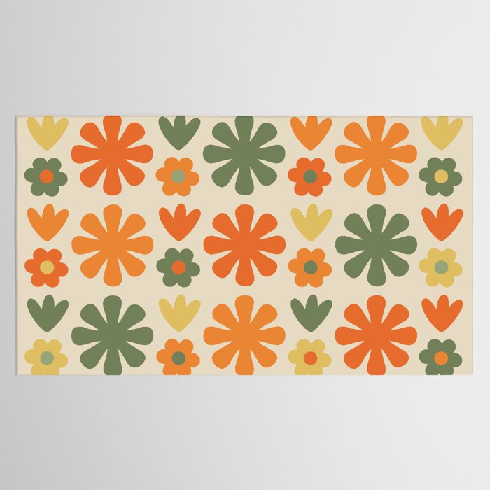 Retro Flowers Scandi Floral Grid Pattern in Mossy Olive Green Orange Mustard Tablecloth Gallery Image 2