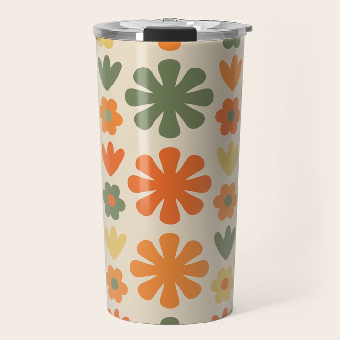 Retro Flowers Scandi Floral Grid Pattern in Mossy Olive Green Orange Mustard Travel Mug Gallery Image 1