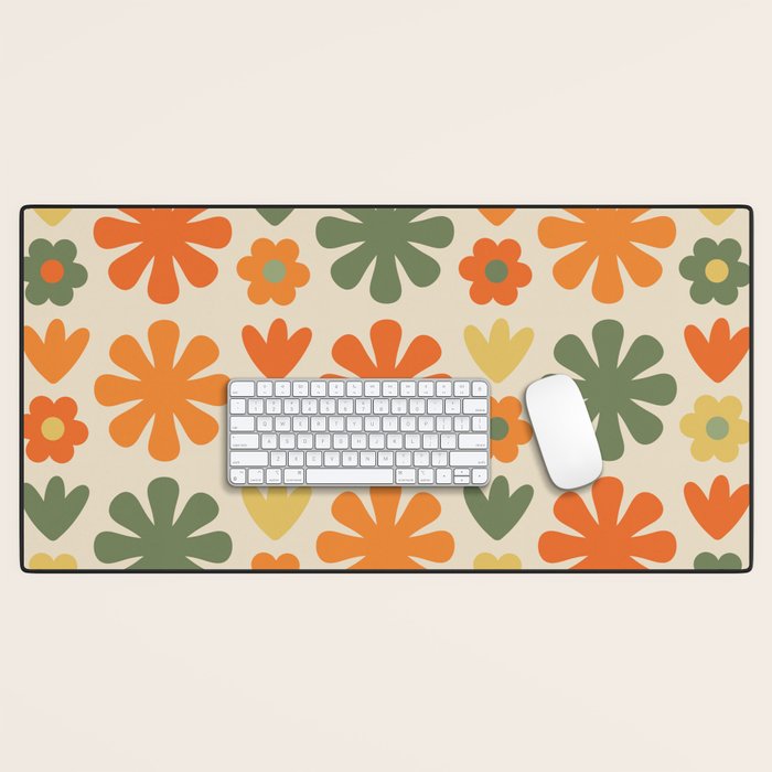 Retro Flowers Scandi Floral Grid Pattern in Mossy Olive Green Orange Mustard Desk Mat Gallery Image 1
