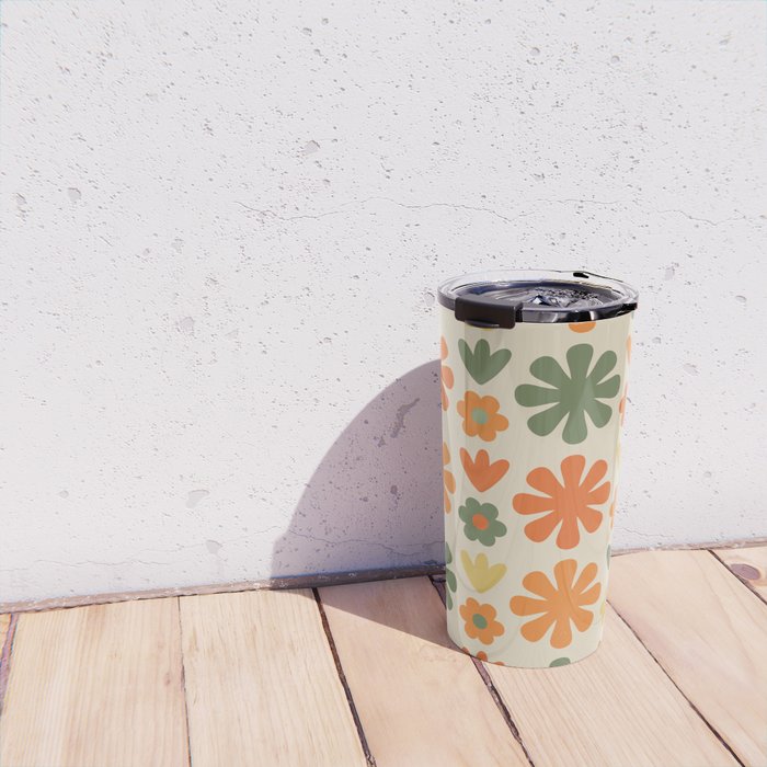 Retro Flowers Scandi Floral Grid Pattern in Mossy Olive Green Orange Mustard Travel Mug Gallery Image 4