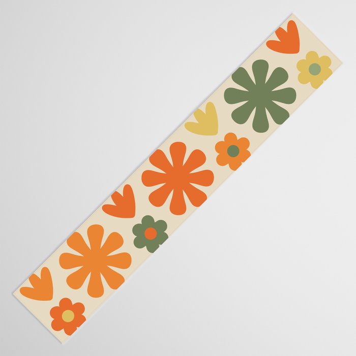 Retro Flowers Scandi Floral Grid Pattern in Mossy Olive Green Orange Mustard Table Runner Gallery Image 3