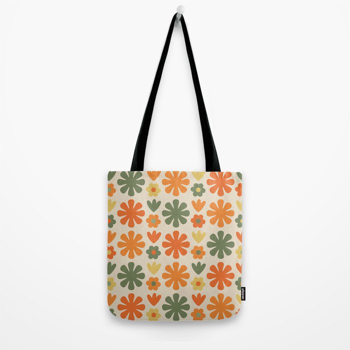 Retro Flowers Scandi Floral Grid Pattern in Mossy Olive Green Orange Mustard Tote Bag Gallery Image 2