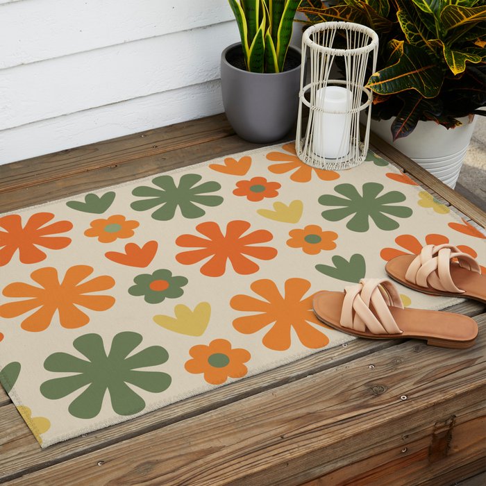 Retro Flowers Scandi Floral Grid Pattern in Mossy Olive Green Orange Mustard Outdoor Rug Gallery Image 2