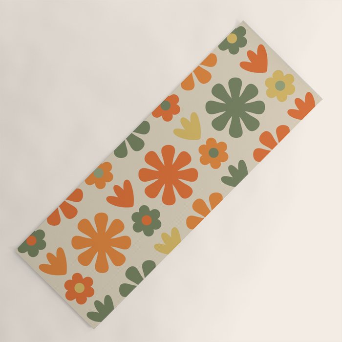 Retro Flowers Scandi Floral Grid Pattern in Mossy Olive Green Orange Mustard Yoga Mat Gallery Image 1