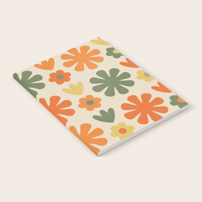 Retro Flowers Scandi Floral Grid Pattern in Mossy Olive Green Orange Mustard Notebook Gallery Image 1