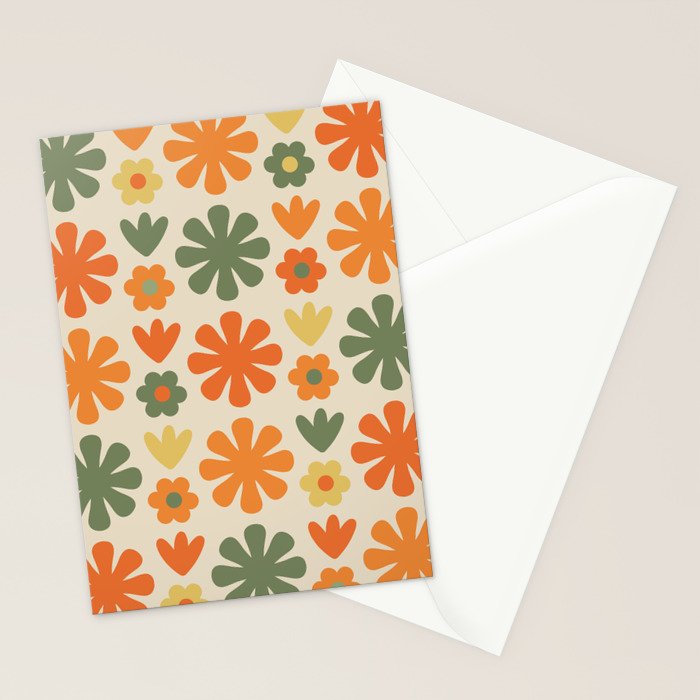 Retro Flowers Scandi Floral Grid Pattern in Mossy Olive Green Orange Mustard Stationery Card Gallery Image 2