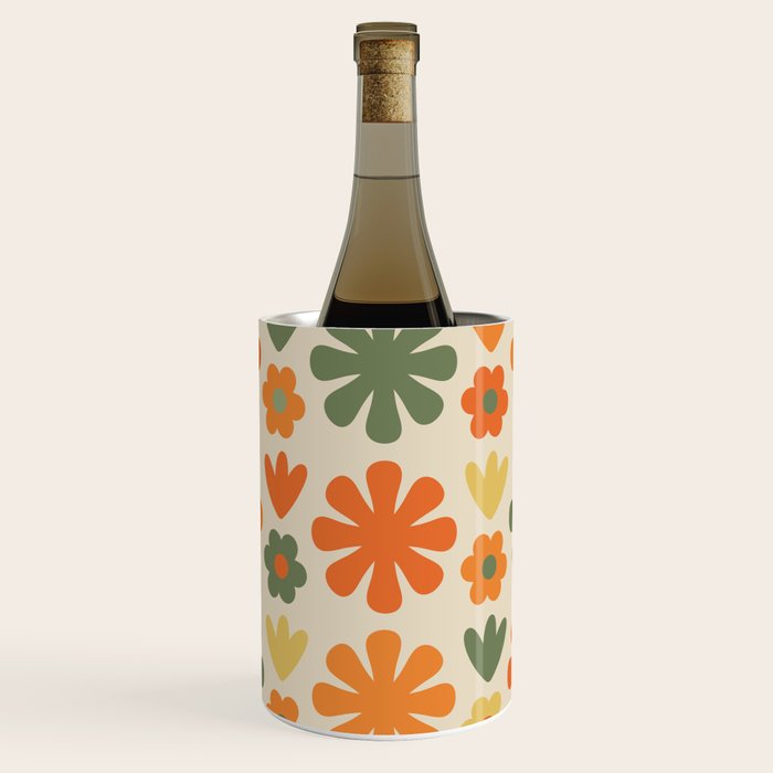 Retro Flowers Scandi Floral Grid Pattern in Mossy Olive Green Orange Mustard Wine Chiller Gallery Image 1