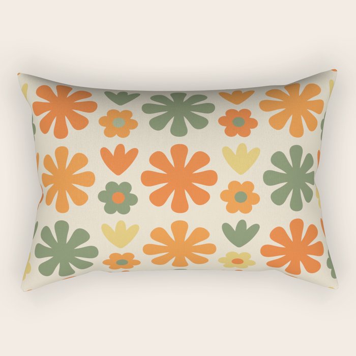 Retro Flowers Scandi Floral Grid Pattern in Mossy Olive Green Orange Mustard Rectangular Pillow Gallery Image 2