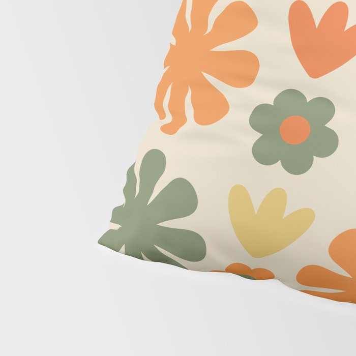 Retro Flowers Scandi Floral Grid Pattern in Mossy Olive Green Orange Mustard Pillow Sham Gallery Image 4