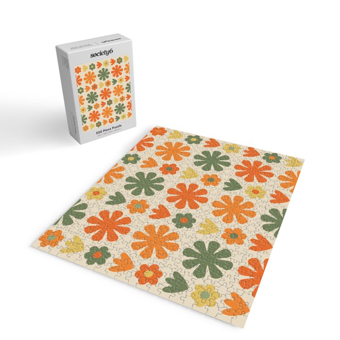 Retro Flowers Scandi Floral Grid Pattern in Mossy Olive Green Orange Mustard Jigsaw Puzzle Gallery Image 2