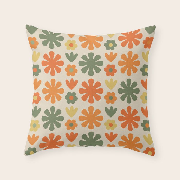 Retro Flowers Scandi Floral Grid Pattern in Mossy Olive Green Orange Mustard Throw Pillow Gallery Image 2