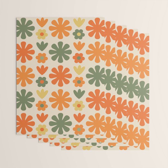 Retro Flowers Scandi Floral Grid Pattern in Mossy Olive Green Orange Mustard Wrapping Paper Gallery Image 3
