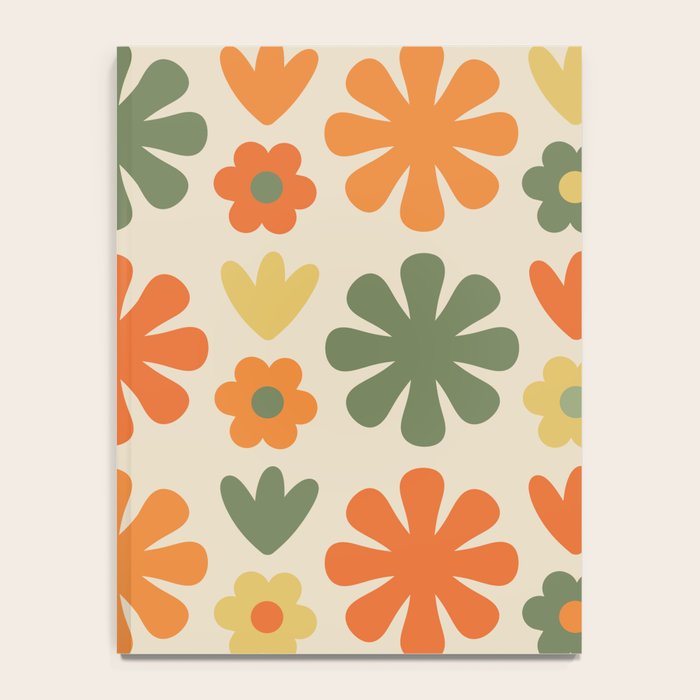 Retro Flowers Scandi Floral Grid Pattern in Mossy Olive Green Orange Mustard Notebook Gallery Image 4
