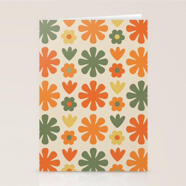 Retro Flowers Scandi Floral Grid Pattern in Mossy Olive Green Orange Mustard Stationery Card Gallery Image 2