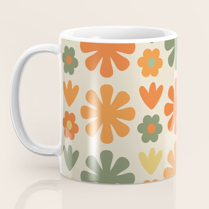 Retro Flowers Scandi Floral Grid Pattern in Mossy Olive Green Orange Mustard Coffee Mug Gallery Image 3