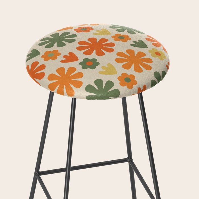 Retro Flowers Scandi Floral Grid Pattern in Mossy Olive Green Orange Mustard Stool Gallery Image 2