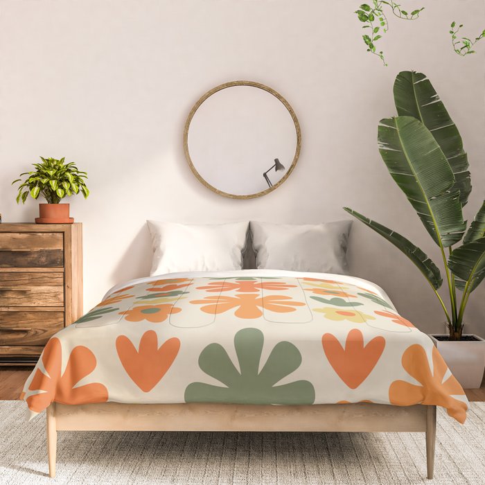 Retro Flowers Scandi Floral Grid Pattern in Mossy Olive Green Orange Mustard Comforter Gallery Image 3
