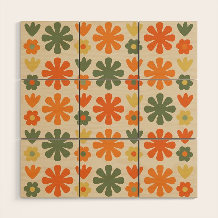 Retro Flowers Scandi Floral Grid Pattern in Mossy Olive Green Orange Mustard Wood Wall Art Gallery Image 1