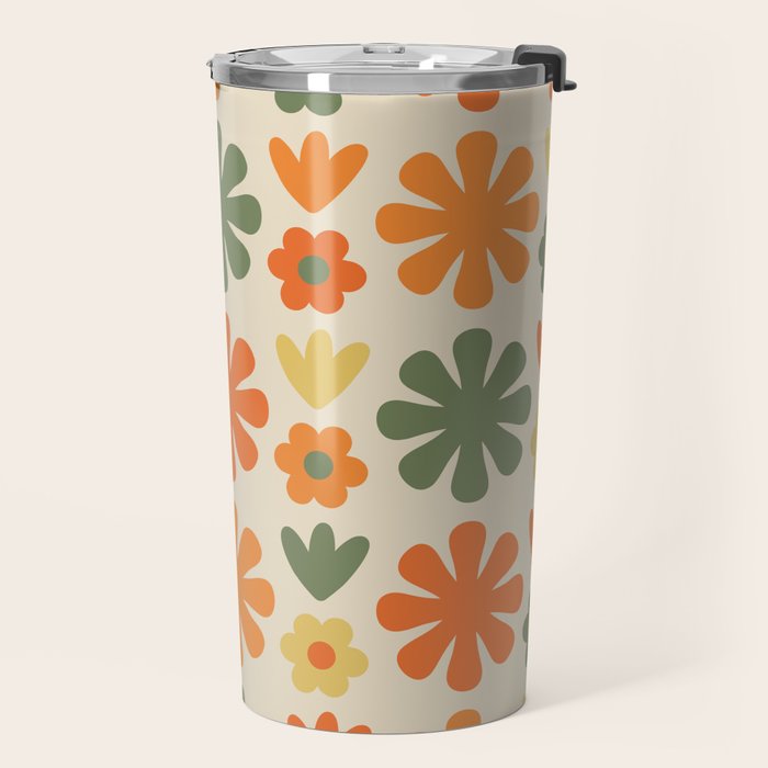 Retro Flowers Scandi Floral Grid Pattern in Mossy Olive Green Orange Mustard Travel Mug Gallery Image 2