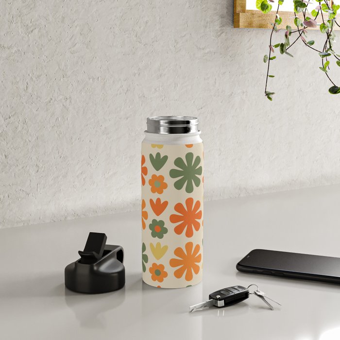 Retro Flowers Scandi Floral Grid Pattern in Mossy Olive Green Orange Mustard Water Bottle Gallery Image 4