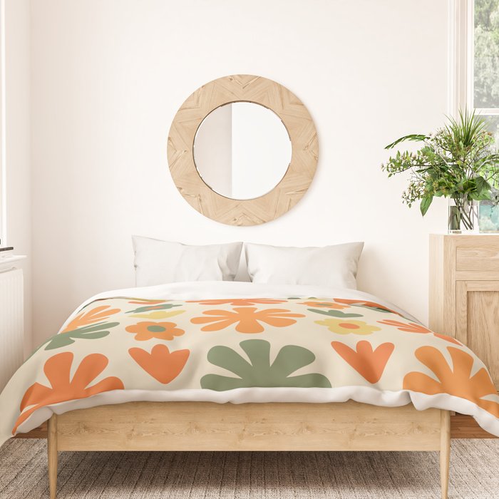 Retro Flowers Scandi Floral Grid Pattern in Mossy Olive Green Orange Mustard Duvet Cover Gallery Image 3