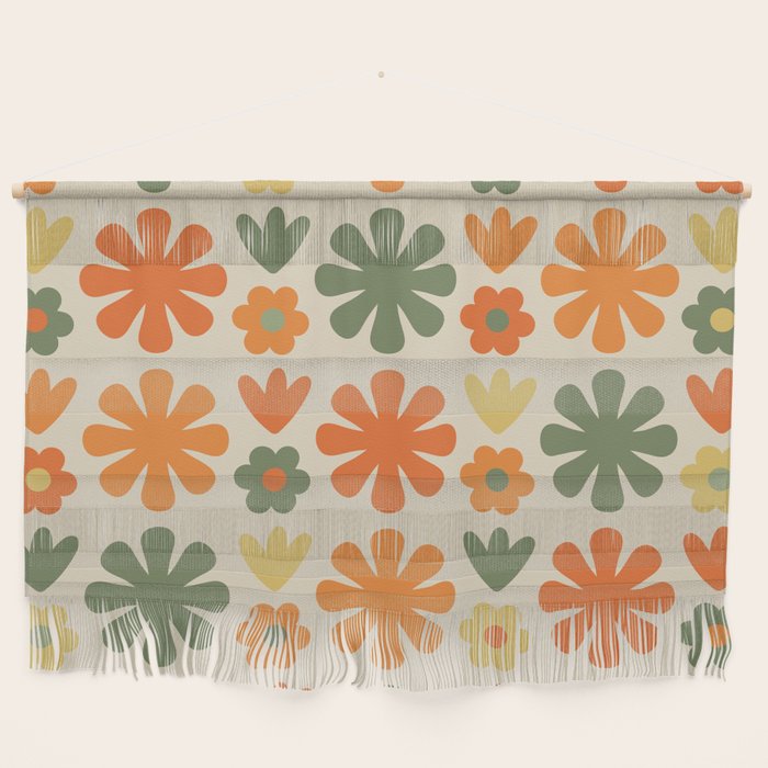 Retro Flowers Scandi Floral Grid Pattern in Mossy Olive Green Orange Mustard Wall Hanging Gallery Image 1