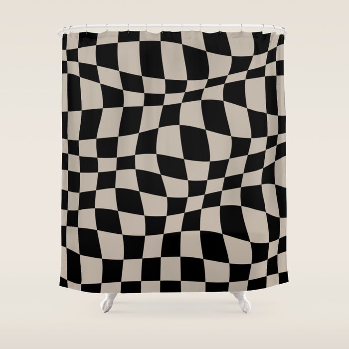 Warped Checkered Pattern (black/tan) Shower Curtain