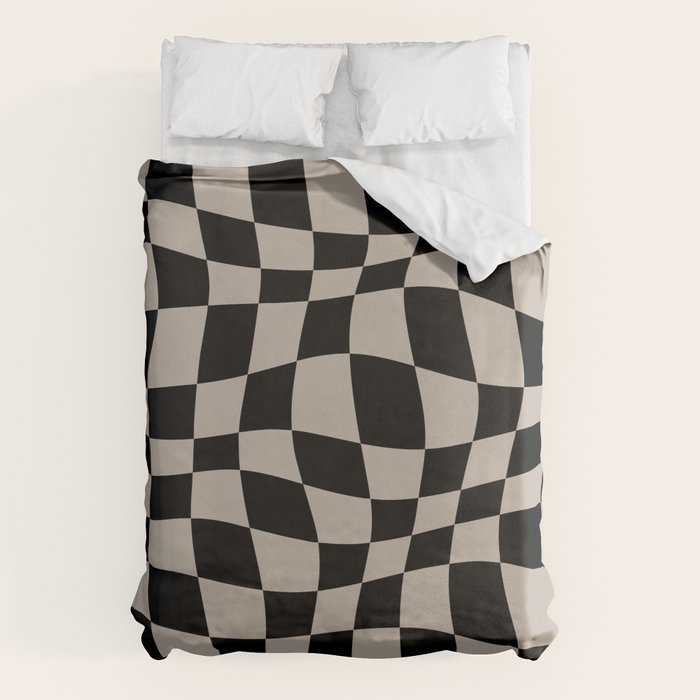 Warped Checkered Pattern (Black/Tan) Duvet Cover