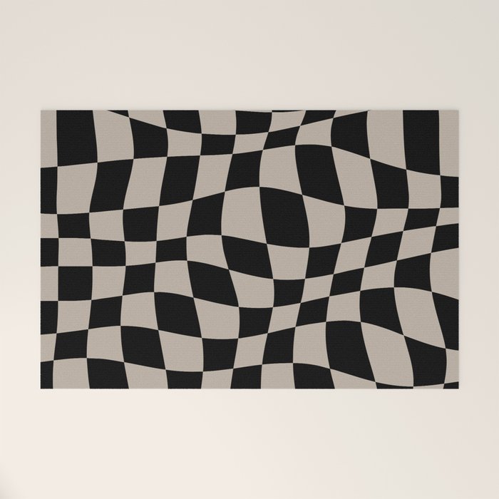Warped Checkered Pattern (black/tan) Welcome Mat Gallery Image 1