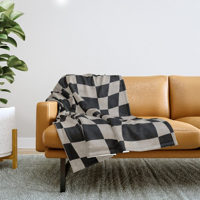 Warped Checkered Pattern (black/tan) Throw Blanket Gallery Image 1