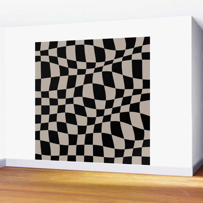 Warped Checkered Pattern (black/tan) Wall Mural Gallery Image 2