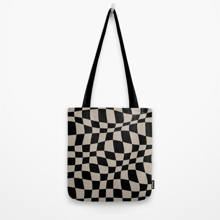Warped Checkered Pattern (black/tan) Tote Bag Gallery Image 2